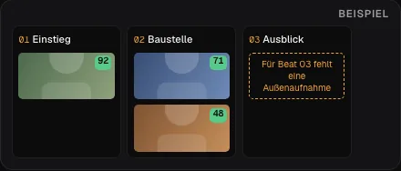 Drei Abschnitte mit Szenen und einem Hinweis auf eine fehlende Außenaufnahme